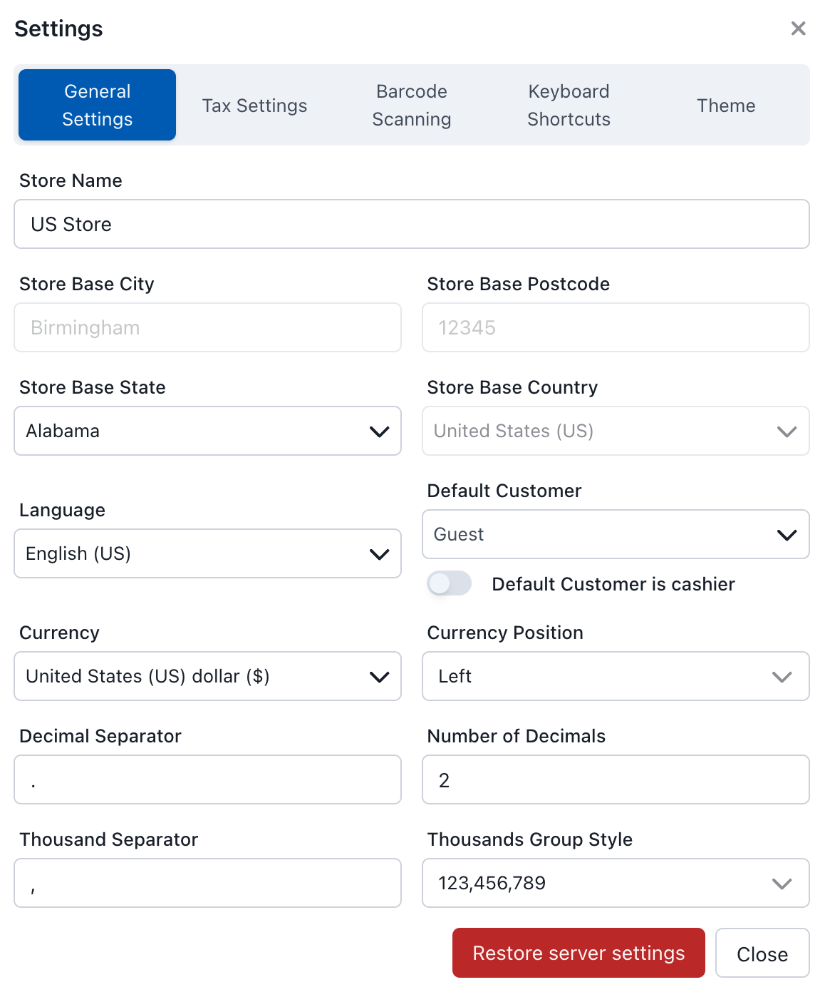 General Store Settings in the POS Settings