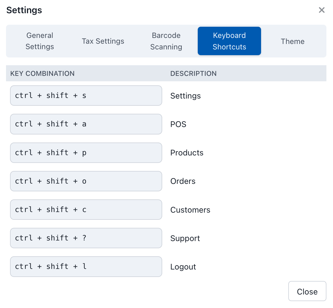 Keyboard Shortcuts Settings in the POS Settings